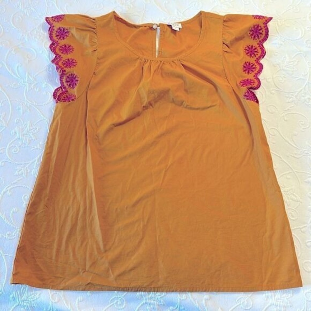 J.Crew Womens Mustard Yellow Flutter Sleeve Pink Eyelet Embroidered Top‎ Small S